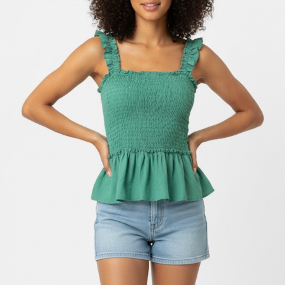 Sim & Sam Top Smocked Peplum Cropped Green Sleeveless M Boho Festival Party Mod